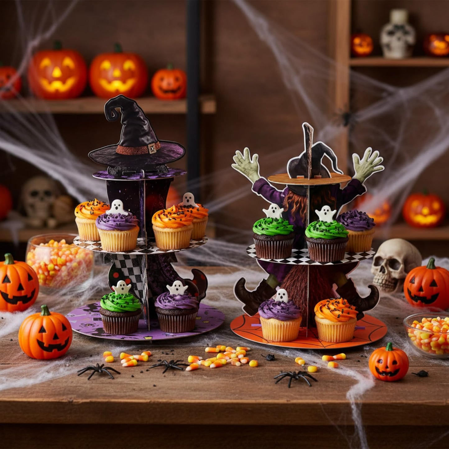 LemonRoad 2 Pcs Halloween Cupcake Stand Decoration Halloween Party Supplies 3 Tier Cardboard Cake Holder Witch Party Cupcake Tower for Treat Birthday Dessert Favors Carnival (Mixed)
