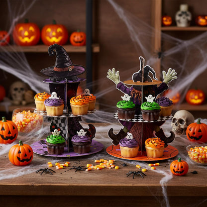 LemonRoad 2 Pcs Halloween Cupcake Stand Decoration Halloween Party Supplies 3 Tier Cardboard Cake Holder Witch Party Cupcake Tower for Treat Birthday Dessert Favors Carnival (Mixed)