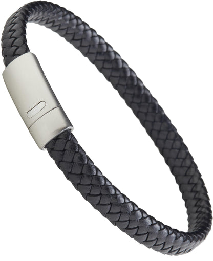 LUXAR Men’s Genuine Leather Bracelet | Interwoven Black Leather Bracelets with Brush Stainless Steel Clasp | Minimalist, Designer Jewelry for Men (Silver, Medium)