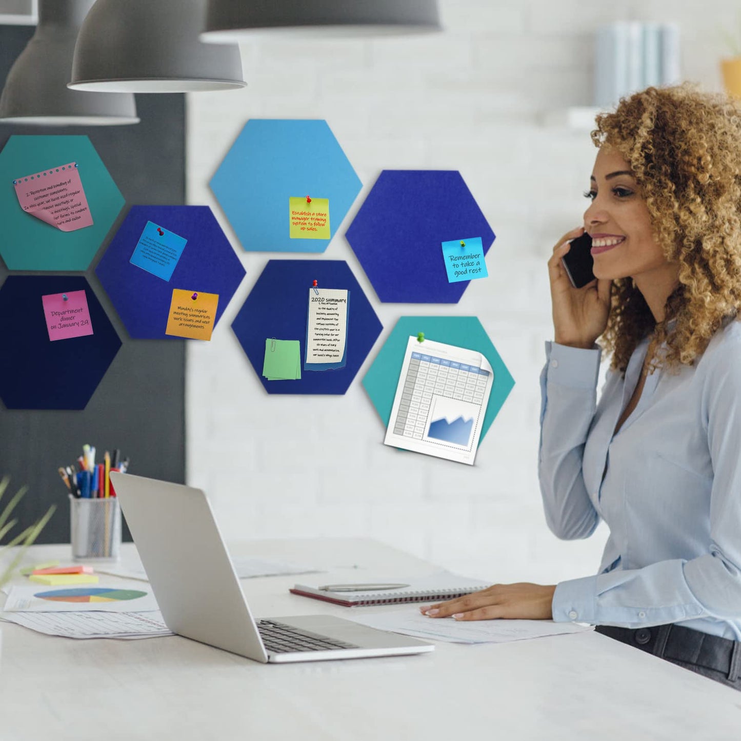 SEG Direct Hexagon Felt Bulletin Board, Large Felt Pin Board Self Adhesive Cork Board Tiles with Push Pins for Wall Office Home Decor, 11.8 x 10.2 in, 5PCS(Blue Series)