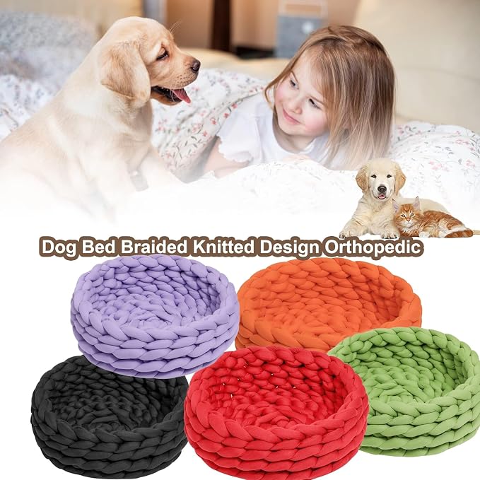 Woven Dog Bed Basket, Knitted Cotton Cat Bed Round Washable Woven Cat Pet Bed Chunky Dog Basket, Orthopedic, Chunky Knit Dog Nest,Dog Bed,Dog Cave,Dog Bedding(Black,17")