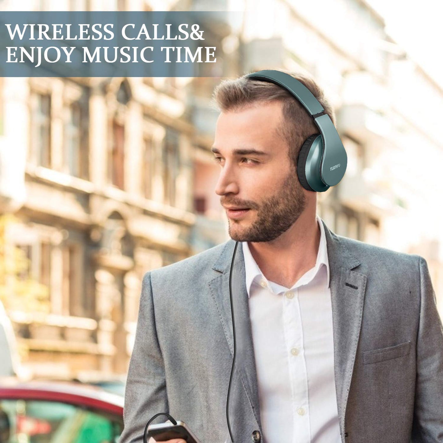 TUINYO Wireless Headphones Over Ear, Bluetooth Headphones with Microphone, Foldable Stereo Wireless Headset- Silver Blue