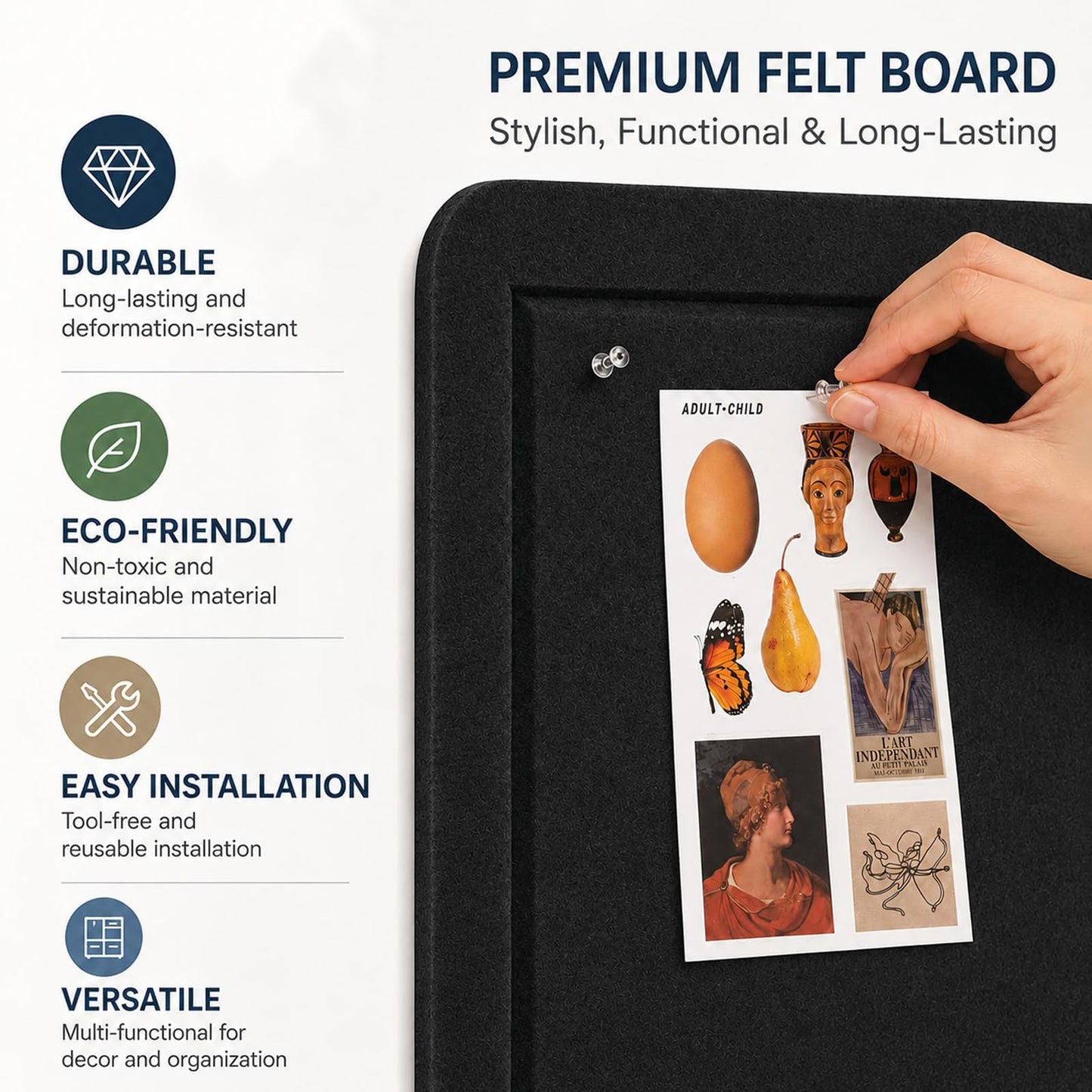 Felt Bulletin Board for Wall 24" x 18" Unfolded Size, Small Frameless Felt Pin Board, Soft Cork Board Alternative for Office, Home Planning, Notes, Photos & Wall Decor, Foldable Shipping, Easy Install