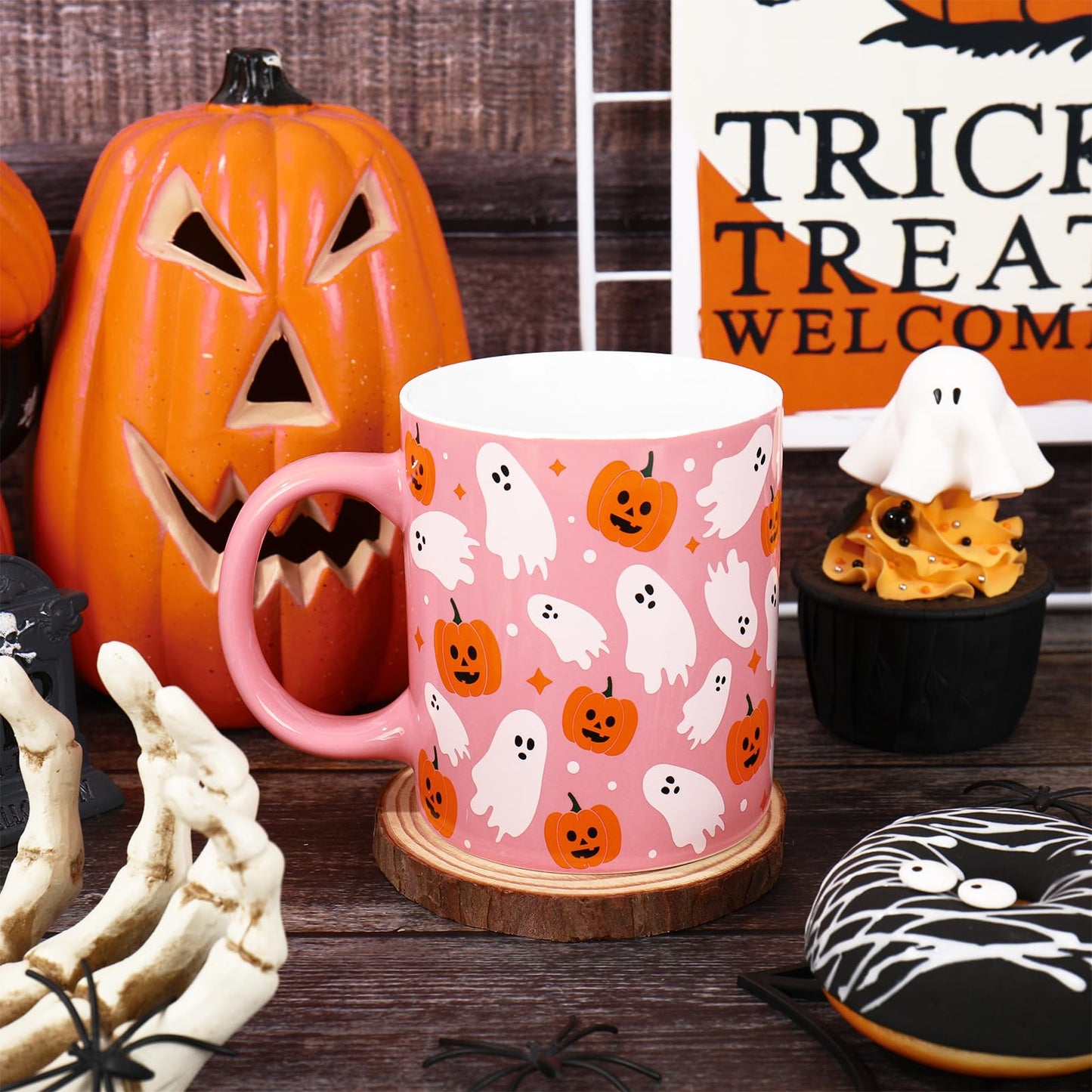 Whaline Halloween Mug Ghost Pumpkin Coffee Mug Pink White Orange Ceramic Drinking Cup for Halloween Party Supplies Table Centerpieces, 12oz