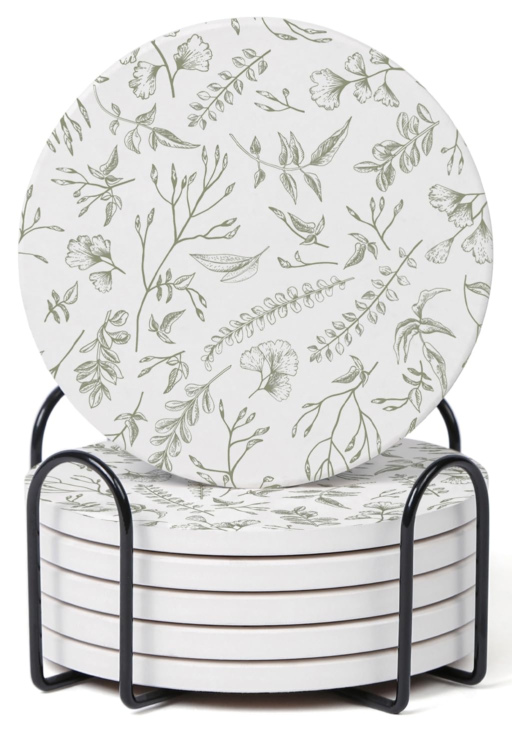 Hoomey Set of 6 Floral Sage and White Coasters with Holder, Absorbent Ceramic Drink Coasters with Cork Backing for Table Protection, Coffee Table Décor