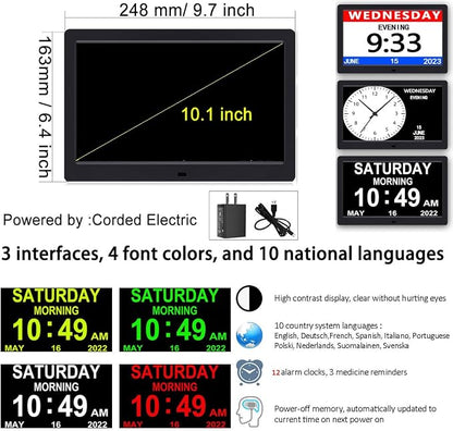 AINFTIME DST Clock with Day and Date for Elderly-3 Display Digital Calendar Alarm Day Dementia Alzheimers Clock with Extra Large Display (10.1in Black)