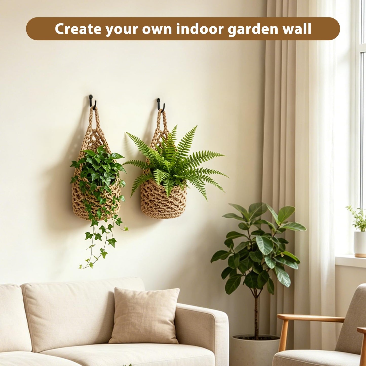 4-Pack 5-Inch Macrame Wall Plant Hangers, Natural Cotton Hanging Planter Baskets for Indoor Plants, Boho-Style Woven Plant Baskets for Walls, Small Hanging Pots for Succulents and Kitchen Storage