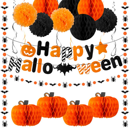 VinTS Happy Halloween Party Decoration,Black Orange Halloween Banner with Hanging Swirls,Circle Confetti Dots,Honeycomb Ball,Tissue Paper PomPoms for Wall Window Indoor Decor