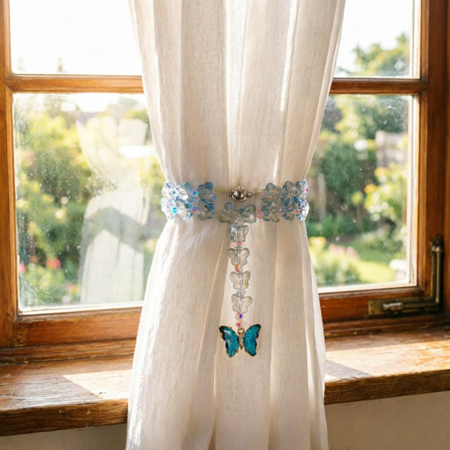 Magnetic Curtain Tiebacks, 2 Pack Crystal Butterfly Beaded Pendants Draperies Holdbacks for Window Home Office Decor (Blue)