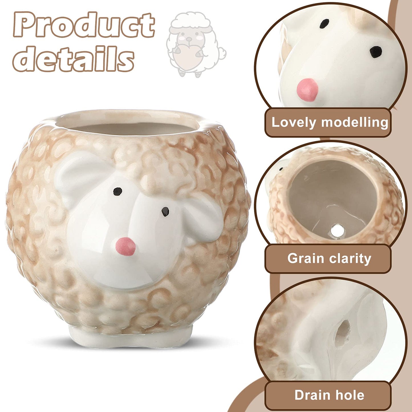 Patelai 6 Pieces Cute Animal Succulent Planter Pot with Drainage Hole, Cartoon Cow Elephant Ceramic Flower Plant Pot Tiny Flower Planter Cactus Container Indoor Outdoor Office Home Decor