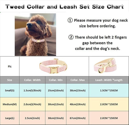 Luxury Soft Cotton Tweed Fabric Dog Collar & Leash Set with Gold Buckle – Durable Fabric, Stylish Design for Everyday Walks(Large Pink)