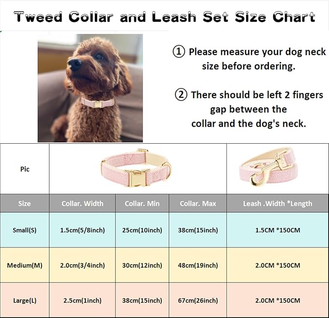 Luxury Soft Cotton Tweed Fabric Dog Collar & Leash Set with Gold Buckle – Durable Fabric, Stylish Design for Everyday Walks(Small Pink)