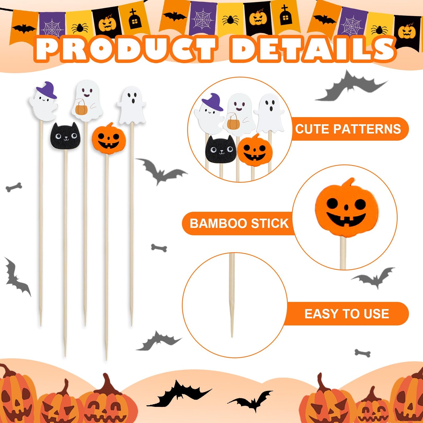 Chengu 200 Pcs Halloween Cocktail Picks for Appetizers, 4.7 Inch Bamboo Toothpicks Pumpkin Cat Ghost Halloween Party Decorations for Food, Cocktail, Desserts, Fruit, Cake, Salad