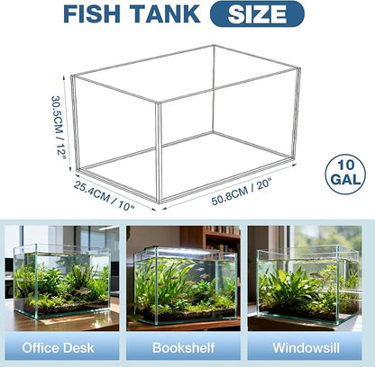 10 Gallon Glass Fish Tank, Nano Aquarium Fish Tank, Rimless Low Iron Aquarium for Betta/Turtle/Goldfish/Snails/Shrimp and Aquatic Planting