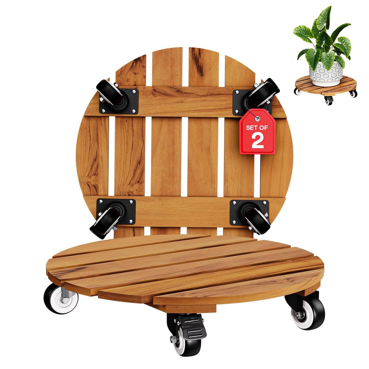 Idzo 2pack Wood Plant Caddy With Wheels Heavy Duty, 264 Lbs Capacity, 12 Inch Acacia Hardwood Plant Dolly, Plant Stand with 360° Lockable Wheels, Plant Caster for Heavy Objects Hauling - Natural Wood