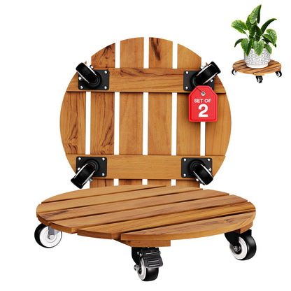 Idzo 2pack Wood Plant Caddy With Wheels Heavy Duty, 264 Lbs Capacity, 12 Inch Acacia Hardwood Plant Dolly, Plant Stand with 360° Lockable Wheels, Plant Caster for Heavy Objects Hauling - Natural Wood