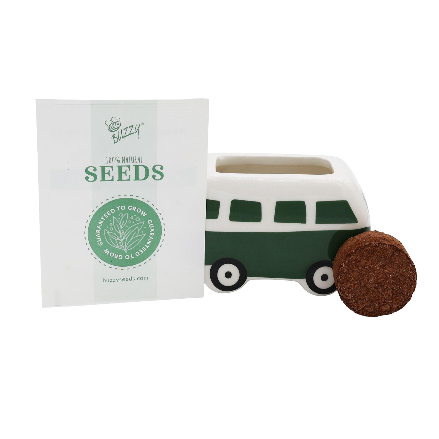 BUZZY Seeds Mini Ceramic Flower Bus Grow Kit, 4-Pack – Colorful Retro Bus Planters with Daisy, Cosmos, Calendula & Coneflower Seeds, All-in-One Seed Starter Gift Set