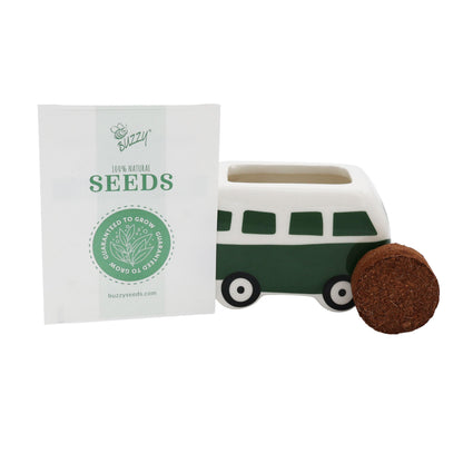 BUZZY Seeds Mini Ceramic Flower Bus Grow Kit, 4-Pack – Colorful Retro Bus Planters with Daisy, Cosmos, Calendula & Coneflower Seeds, All-in-One Seed Starter Gift Set