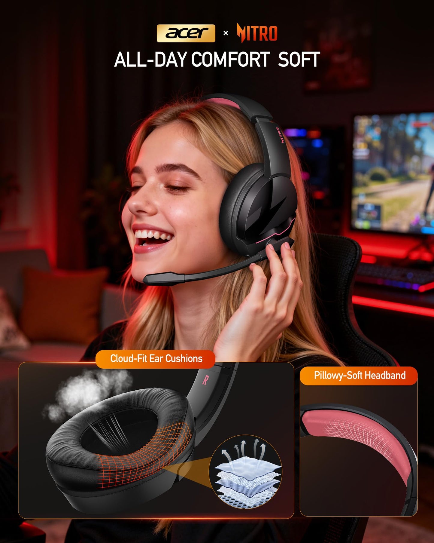 acer Wireless Gaming Headset, PS5 Headset with 2.4GHz for Ps5, Ps4, PC, Switch, Bluetooth 5.3 + 100Hrs Gaming Headphones with Noise Canceling Mic for Laptop, Mobile, Mac, 50mm Drivers (Blackpink)