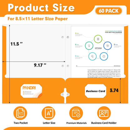 Two Pocket Portfolio Folders, PANDRI 60 Pack 3 Hole Punched 2 Pocket Folders for 3 Ring Binder, Letter Size Paper File Folder for School Office Home Business, Orange
