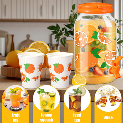 Umigy Tree Clear Plastic Drink Dispenser with 20 Pcs 12 oz Tropical Paper Cups 1 Gallon Kitchen Fridge Beverage Dispenser Plastic Water Dispenser with Spigot for Juice Tea Beer(Orange)