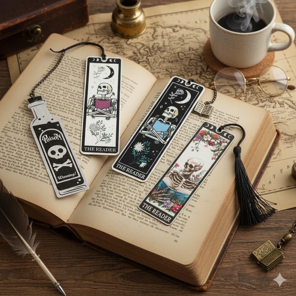 Horror Skeleton Metal Bookmark for Women - Tarot Cards Spooky Metal Bookmarks, Book Marks for Adults Halloween Christmas Book Accessories(Tarot)