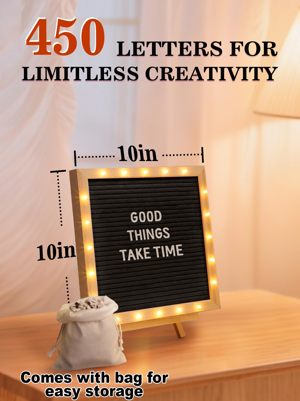 Changeable Felt Letter Board with LED Lights - 10×10" Message Custom Signs & Wood Stand& 450 Letters, Poster Board for Baby/Pregnancy Announcement/Classroom Wall Decor Gifts First Day of School, Black