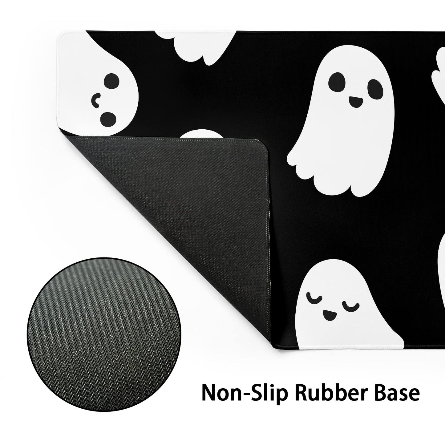 Halloween Cute Ghost Mouse Pad Kawaii Cartoon Spooky Funny Spirit Extended Desk Mat Non-Slip Rubber Base Stitched Edge Large XL Black White Mousepad for Desk Gaming Laptop Desktop,31.5×11.8 Inch