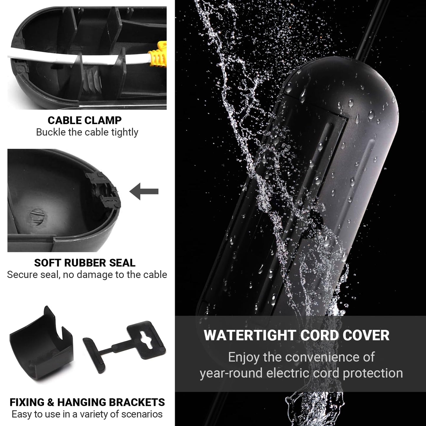 4 Pack Extension Cord Protective Cover Set (Black) | Indoor Outdoor Water-Resistant Holder for Holiday String Lights and Wires | Capsule Shaped Protector with Large Compartment