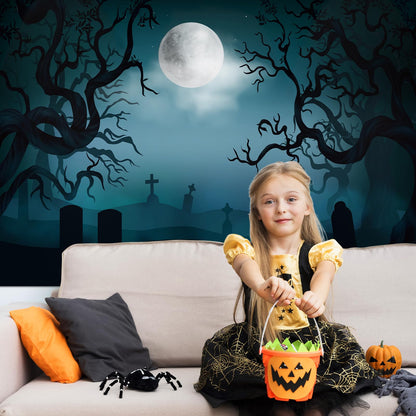 7 x 5 FT Halloween Backdrop - Large Dark Night with Moon, Tombstones Forest Design Wall Hanging Background Spooky Photography Photo Booth Props for Indoor Outdoor Garden Haunted Party Decorations