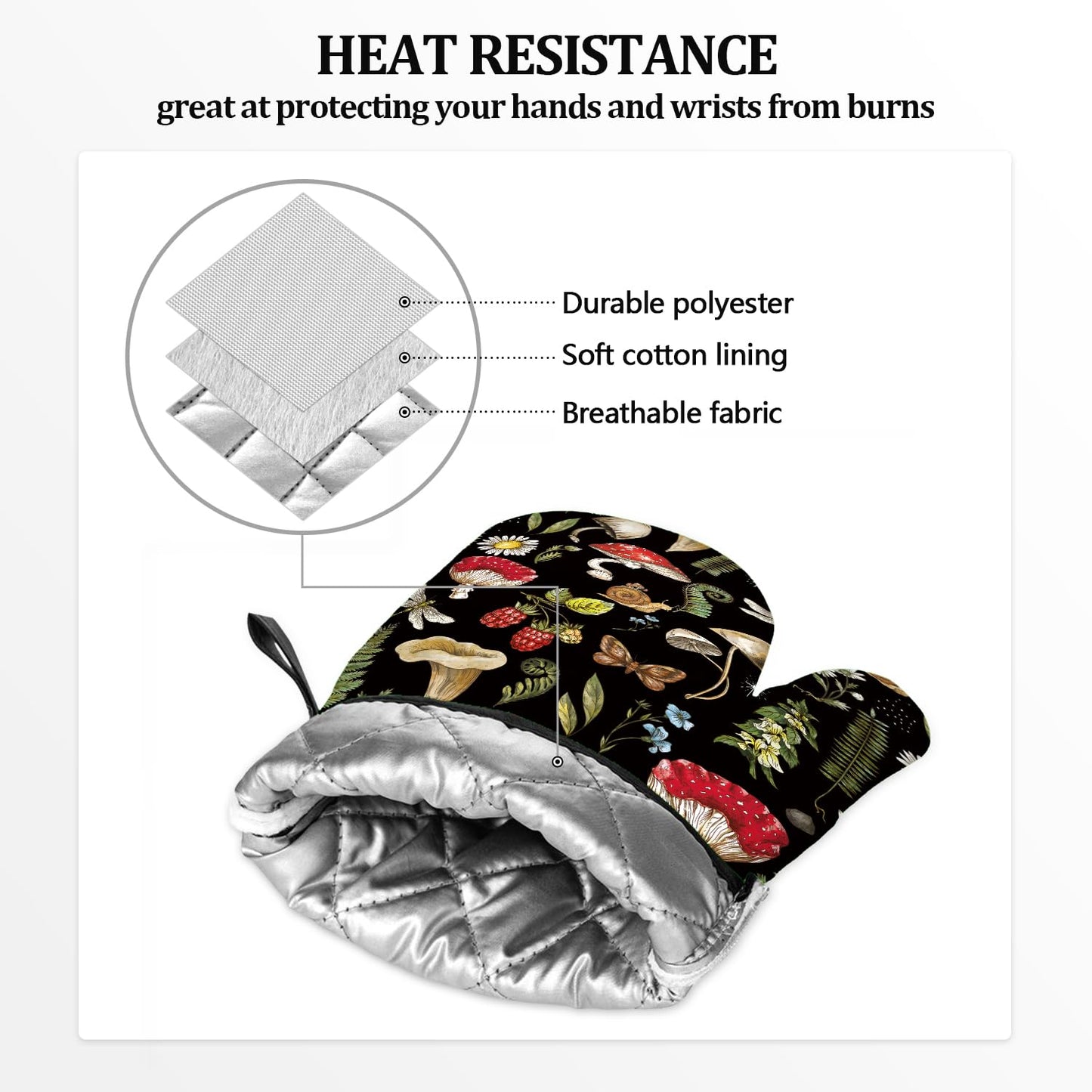 Mushroom Oven Mitts and Pot Holders Sets of 4 Heat Resistant Silicone Oven Mitts Gloves Non-Slip Kitchen Mittens Potholders for Cooking Baking Grilling BBQ