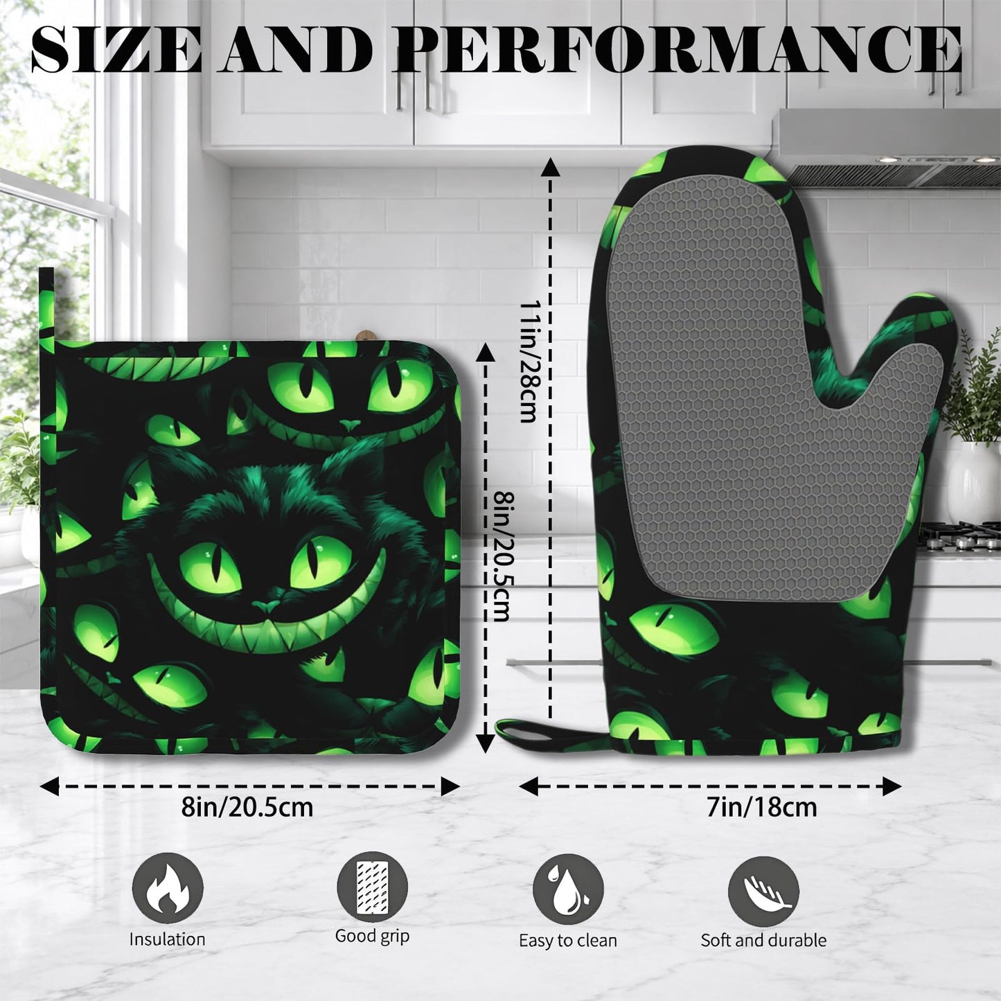 Halloween Ghost Face Heat-Resistant Oven Mitts and Pot Holder Smile Face Kitchen Non-Slip Silicone Cooking Microwave Gloves for BBQ Baking Grilling