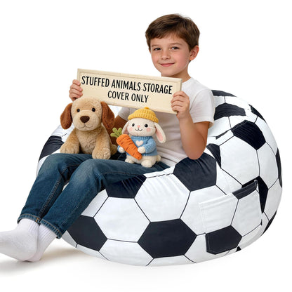 Lukeight Soccer Stuffed Animals Storage Bean Bag Chair Cover for Kids, Cozy Velvet Plush Toy Organizer Seat, Cover Only, No Filling Included, Long YKK Zipper, Side Pocket, X-Large 30 x 18 in