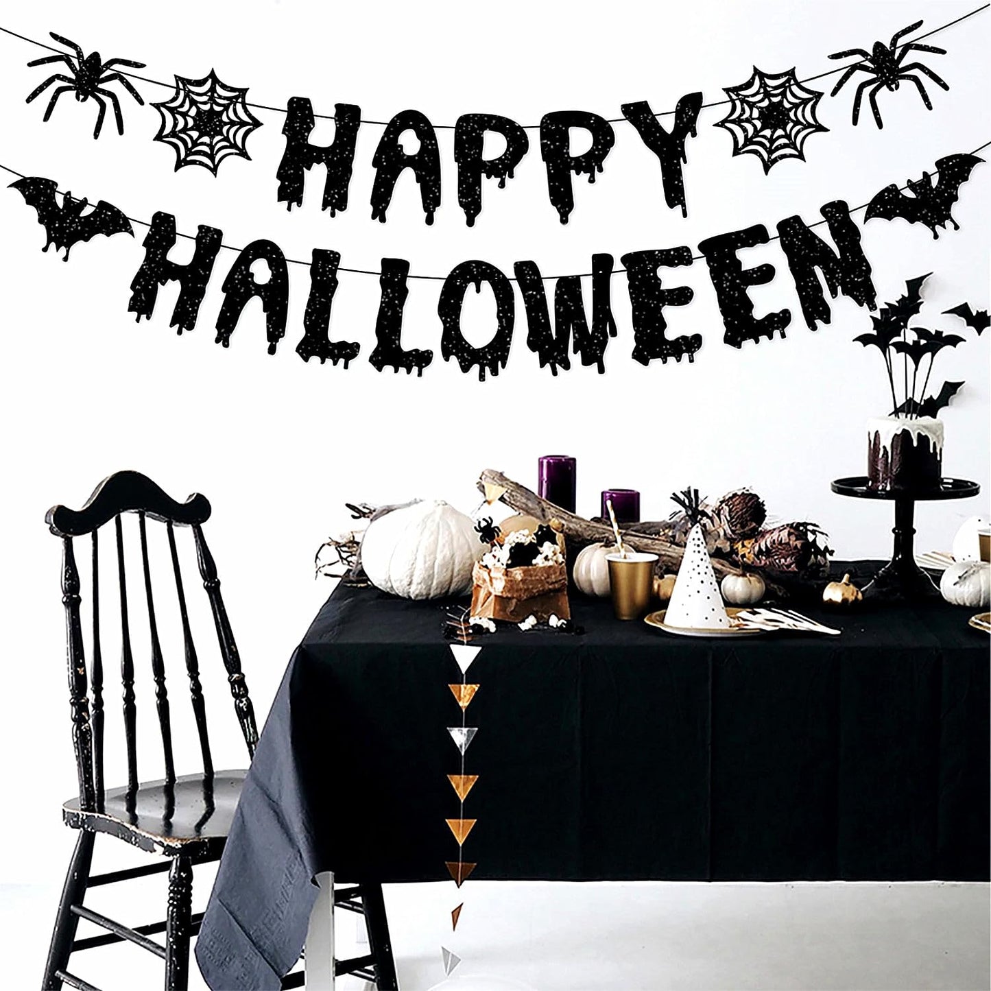 Purple Black Happy-Halloween Party Decorations - 13PCS Spider Web Bats Streamers Banner ,Paper Flowers Lanterns Tissue Pom Poms Fans, Classroom Birthday Bachelorette Hanging Supplies Decor Hugfond