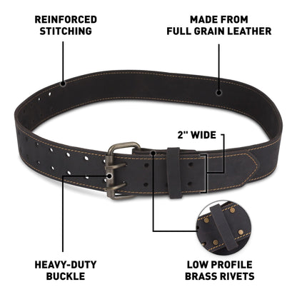 OX Pro 2 Inch Leather Tool Belt - Oil Tanned Full Grain Leather - Perimeter Stitched Construction Belt with Rivets - 28" to 44" Length - Cinturon Para Construccion