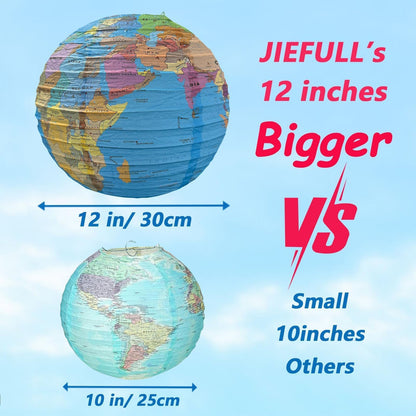 JIEFULL 10 Pack 12 Inch Globe Paper Lanterns for Ceiling Hanging, Large Earth Lantern Around The World Map Decorations