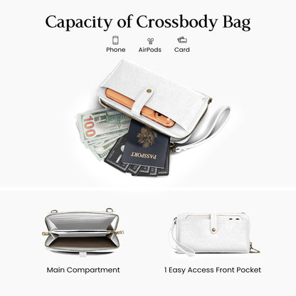 befen Genuine Leather Wallet Purse for Women, White Purse Cell Phone Crossbody with Built in Wallet Soft Real Leather Crossbody Bag with RFID Blocking Travel Small Cluth Purse with 2 Removable Strap