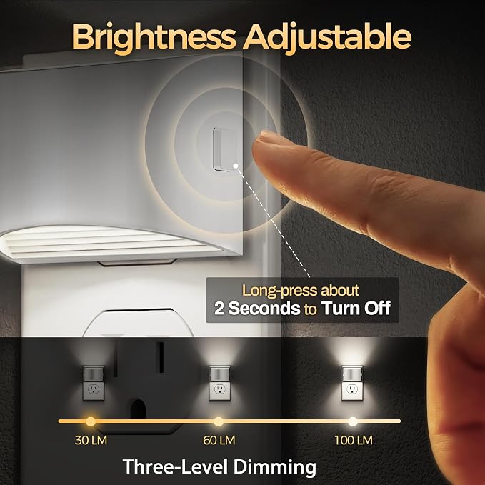 DORESshop LED Night Light[2 Pack], Night Lights Plug into Wall, 3 Level Brightness Adjustable Plug in Night Light, Dusk to Dawn Sensor Nightlights for Adults,Bedroom,Bathroom,Hallway, 5000K