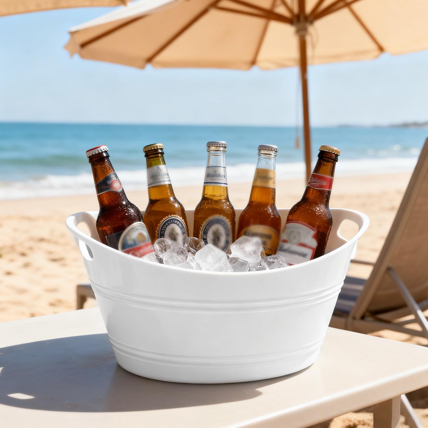 PLMMOUT 6 Pack Ice Buckets, Oval Storage Tub with Handles, Plastic Ice Drink Bucket for Parties, 4.5 Liter Beverage Storage Basket for Bar Champagne Wine Beer Beverage Bottle Cooler, White
