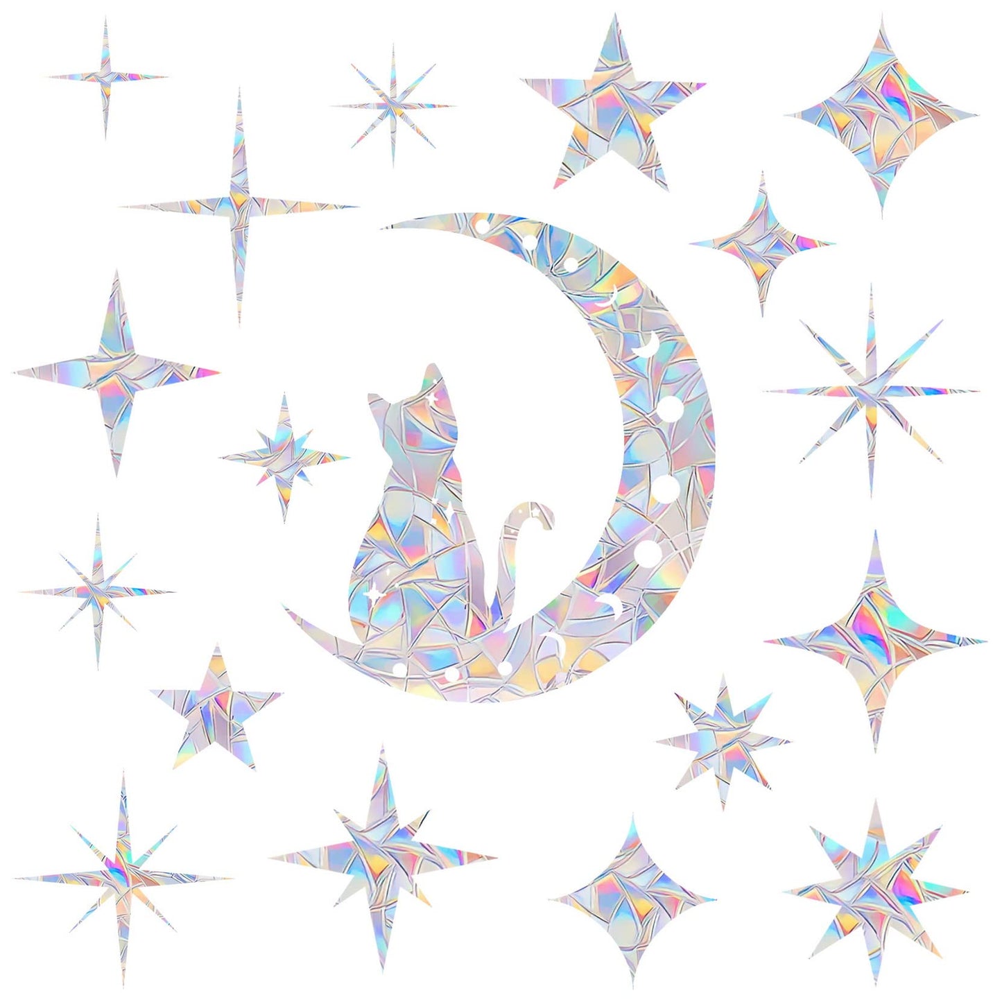 18 Pieces Cat Moon and Star Window Clings - Anti-Collision Decals to Save Birds from Glass Collisions,Non Adhesive, Reusable Rainbow Stickers