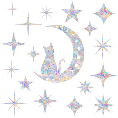 18 Pieces Cat Moon and Star Window Clings - Anti-Collision Decals to Save Birds from Glass Collisions,Non Adhesive, Reusable Rainbow Stickers
