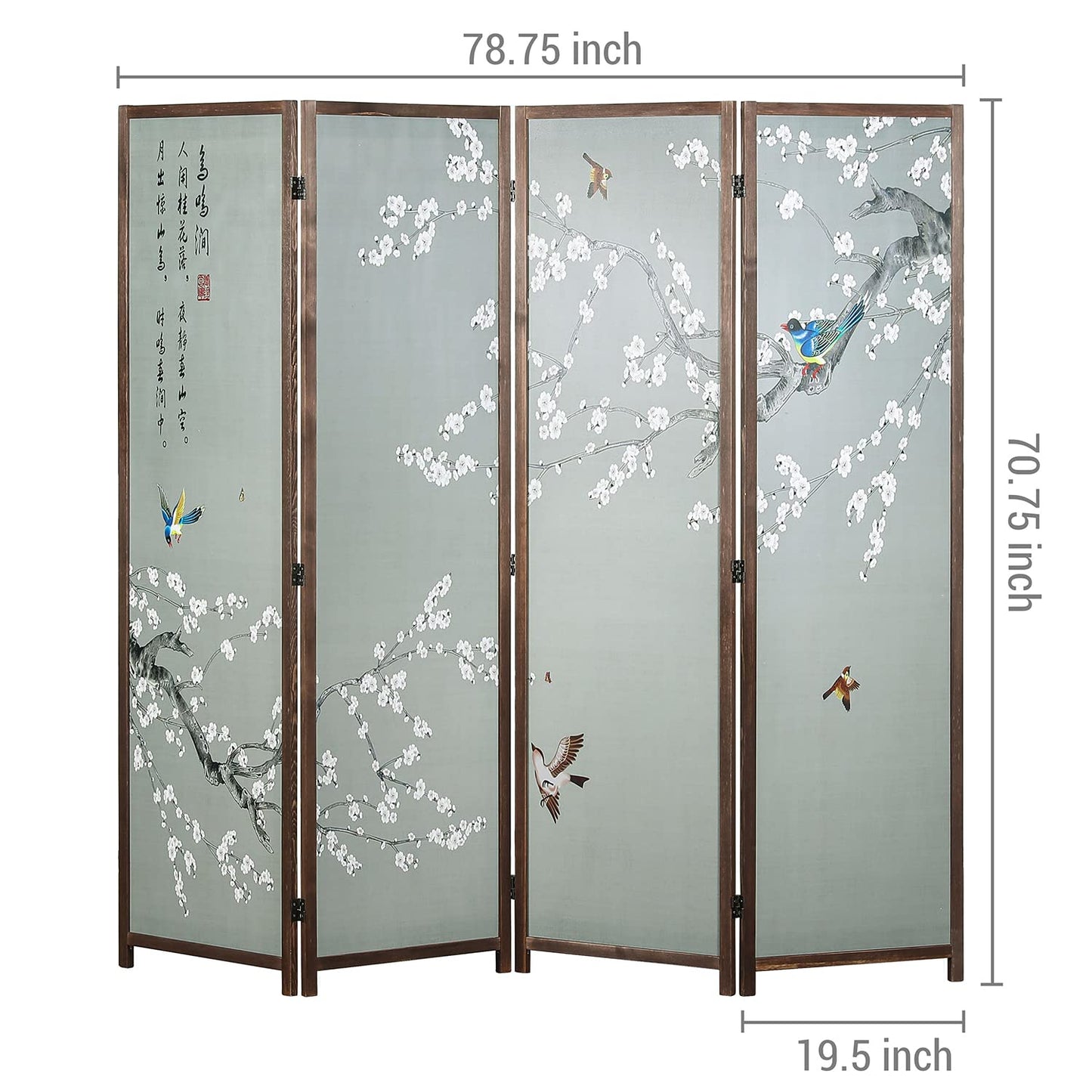 MyGift 4-Panel Asian-Inspired Folding Room Divider with Cherry Blossom Tree & Bird Design Poetry Calligraphy and Brown Wooden Frame 78''W x 70.5''H(6FT)