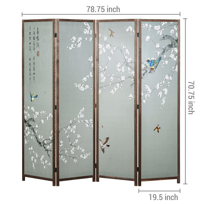 MyGift 4-Panel Asian-Inspired Folding Room Divider with Cherry Blossom Tree & Bird Design Poetry Calligraphy and Brown Wooden Frame 78''W x 70.5''H(6FT)