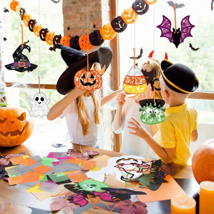 Feifeiya 24 Set Halloween Suncatcher Crafts with Tissue Paper DIY Stained Glass Effect Sun Catcher Kit Make Your Own Halloween Crafts Hanging Ornaments for Window Activity Creative Projects