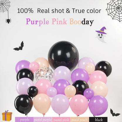 Summerween Pink purple black Balloon Garland Arch Kit 122Pcs with Cute Bat Ghost mylar foil Balloons for Girls Two spooky Halloween Birthday Baby Shower Party Decorations Horror BOO Day Party Supplies