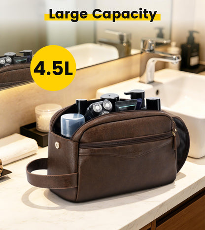 Vorspack PU Leather Toiletry Bag for Men, Water-Resistant Travel Bag for Toiletries, Wide Opening Bathroom Organizer for Shaving, Grooming, Skincare - Dark Brown