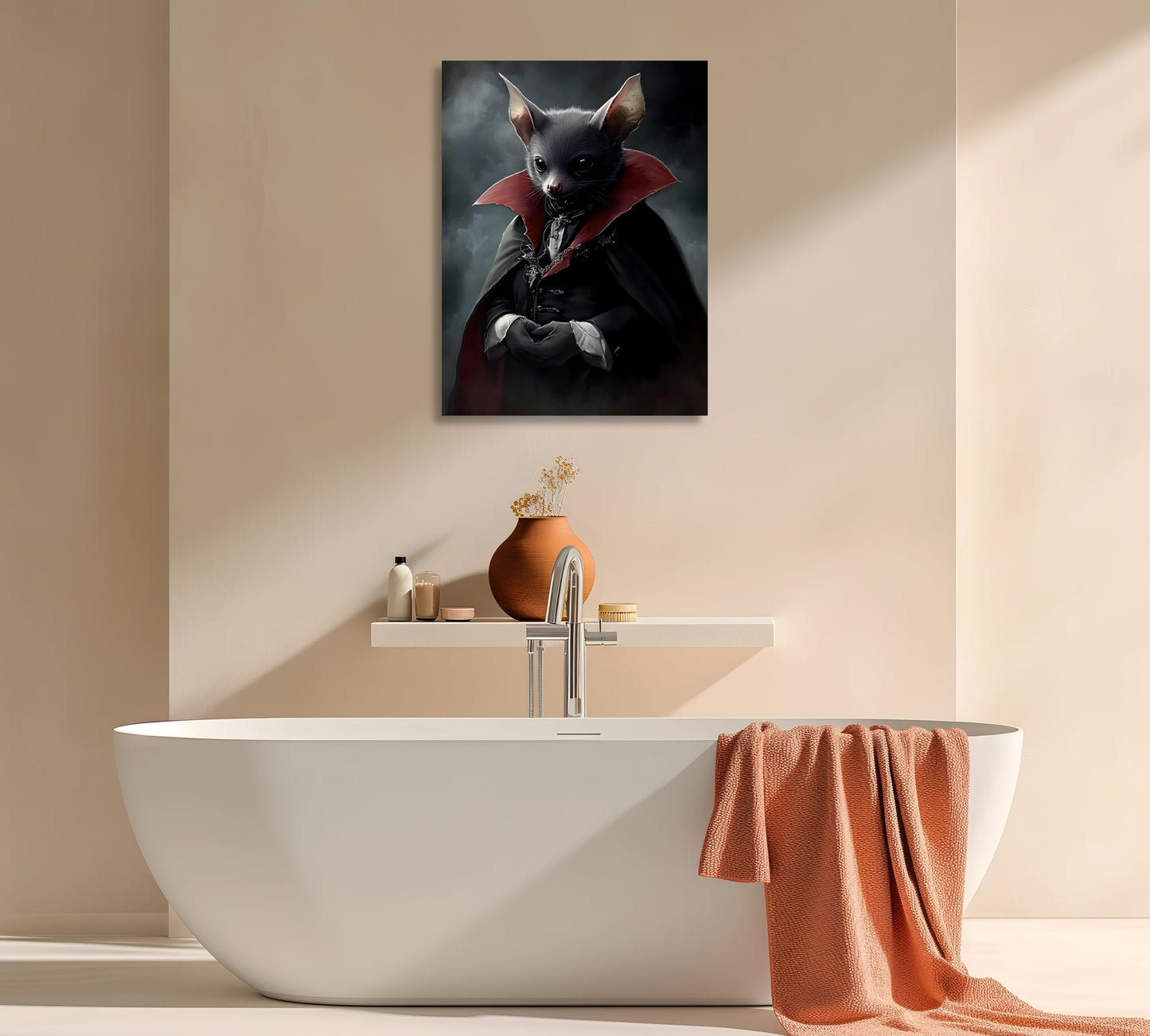 OWNANRTHM Gothic Bat Wall Art Halloween Bat Portrait Painting Gothic Academia Canvas Wall Art Funny Black Bat Picture for Living Room Bedroom Wall Framed 12X16 inch