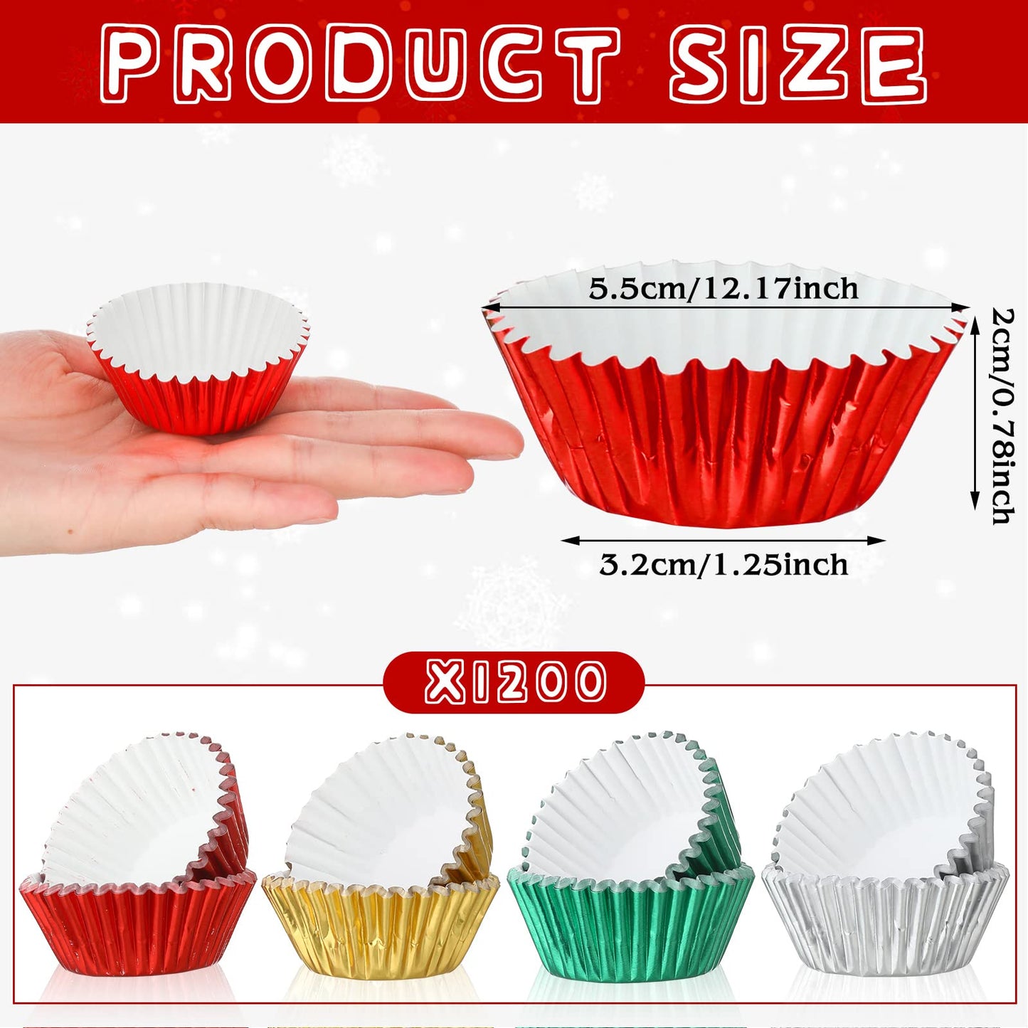 WILLBOND 1200 Count Christmas Foil Mini Cupcake Liner 1.25 Inch Baking Cups Muffin Liners Cupcake Wrappers Foil Metallic Case Liners for Christmas Weddings Birthdays Baby Showers Party, 4 Colors