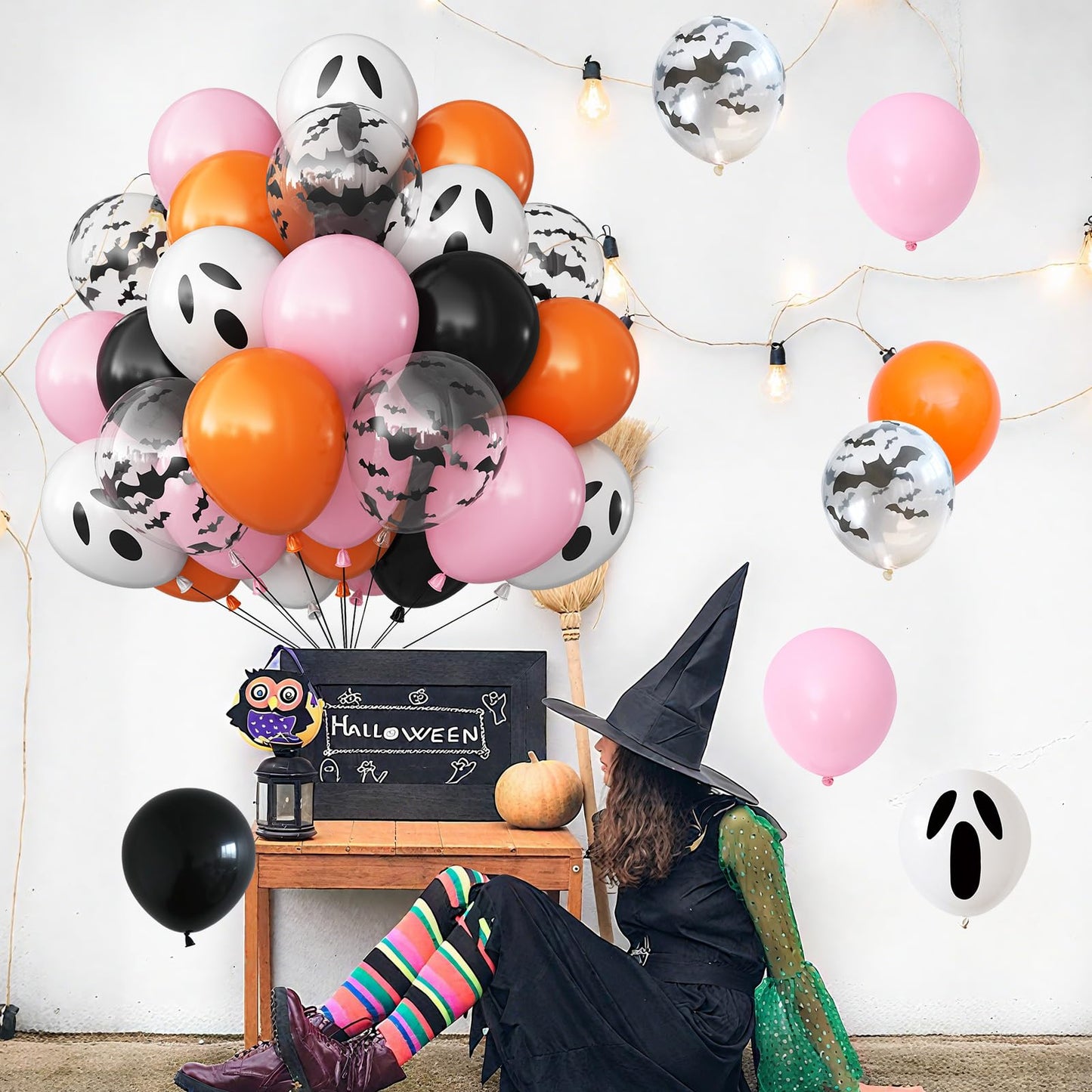 Froova Halloween Balloon Pink Black Orange Balloons with Bat Print Latex Balloons White Ghost Party Balloon for Girls Night Hey Boo Halloween Ghost Spooky One Scary Birthday Baby Shower Party Decor
