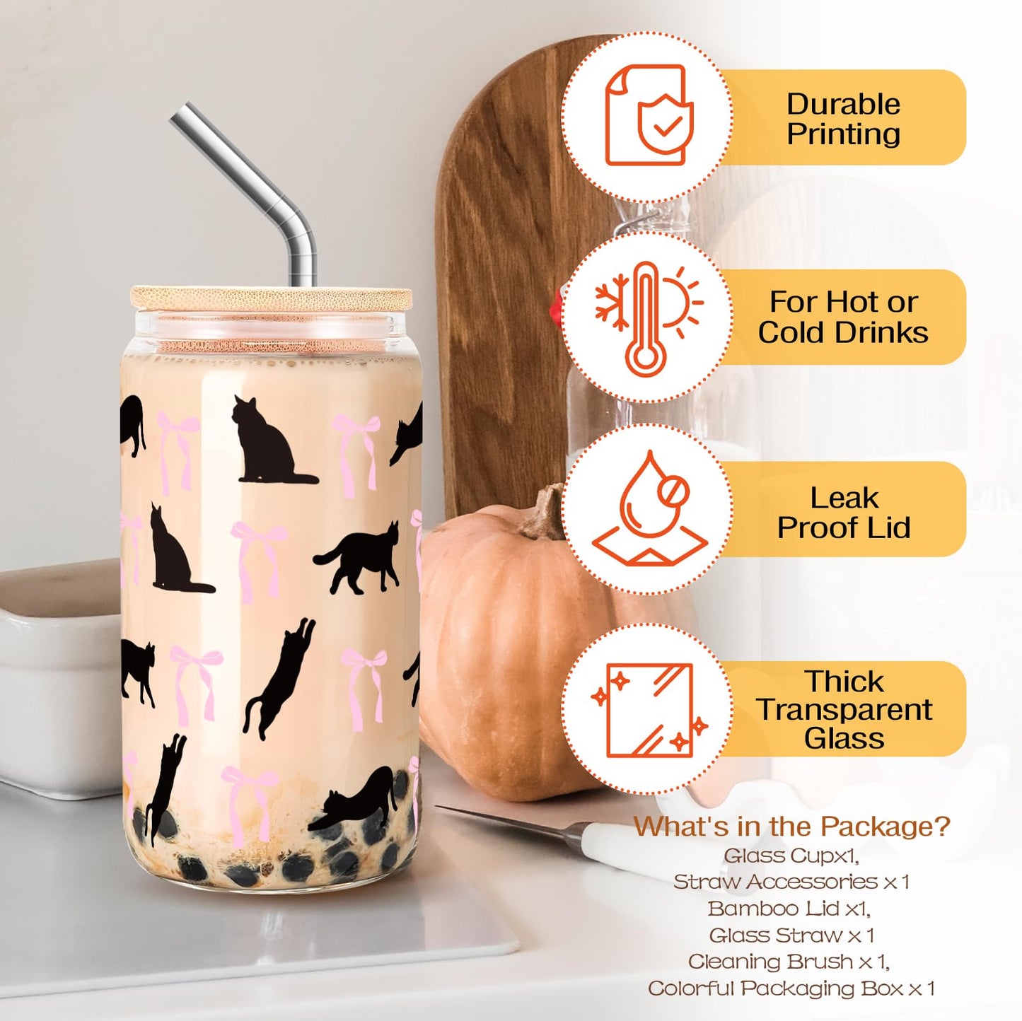 RVEAFA Cute Cat and Bows Iced Coffee Cup Halloween Glass Tumbler Gifts for Women Cat Lovers Gifts for Birthday Halloween Christmas Day, 16oz Glass Cups with Lids and Straw